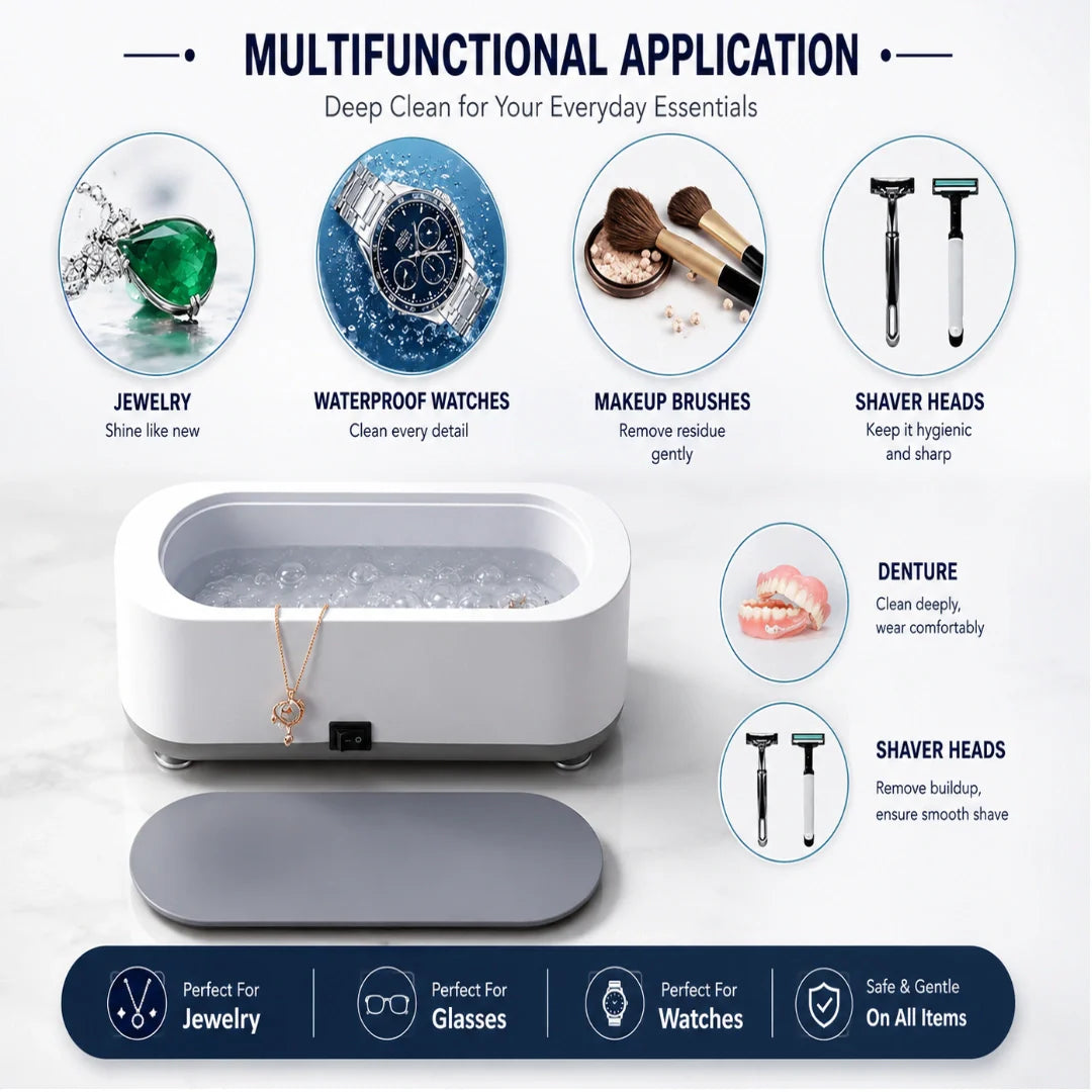 Ultrasonic Cleaner 48KHz with RGB Lights for Eyeglasses, Rings, Watches, Dentures