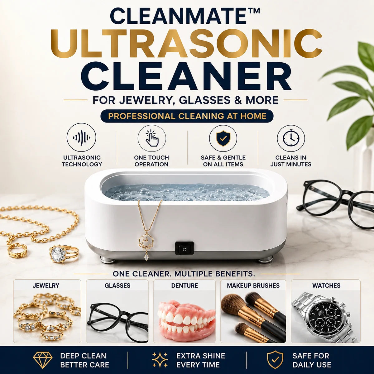 Ultrasonic Cleaner 48KHz with RGB Lights for Eyeglasses, Rings, Watches, Dentures